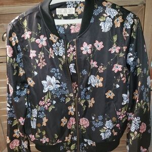 Pink Rose Black Bomber Jacket with Floral Design